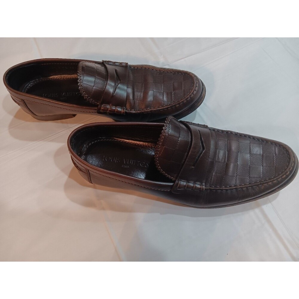 Mens Louis Vuitton Brown Damier Leather Embossed Sorbonne Slip On Loafers SZ 8.5
